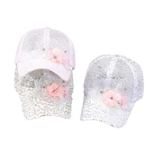 Casquettes de baseball pour femmes avec paillettes et fleurs en mousseline rose