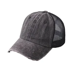 Cappello trucker vintage in denim con rete per coda di cavallo, stile nero lavato