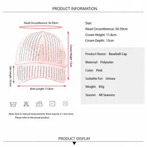 Pink baseball cap with rhinestones and tassel, featuring a size chart for women and men