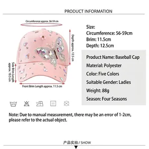 Rosa Damen Baseballkappe mit Strass-Schmetterlingen und Größentabelle Details