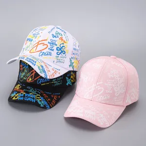 Detailed view of graffiti baseball caps in white, black and pink with street style prints