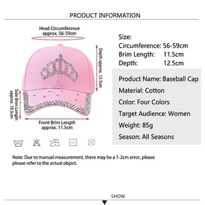 Casquette baseball rose en coton avec couronne en strass et guide des tailles complet