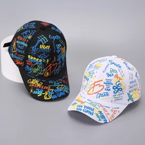 Close-up of hip-hop baseball cap featuring colorful graffiti print and street style embroidery