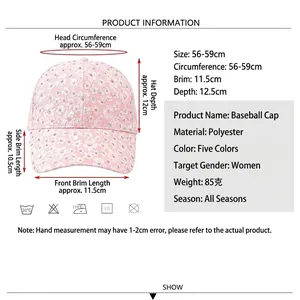 Pink rhinestone flower baseball cap for women with size measurements and specifications