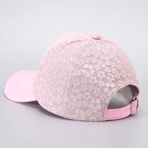 Pink floral lace baseball cap with adjustable metal buckle and breathable relief pattern