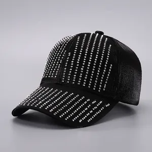 Fashion Women Satin Baseball Cap With Vertical Rhinestone Stripes Luxury Western Style Curved Brim Adjustable Sun Hat