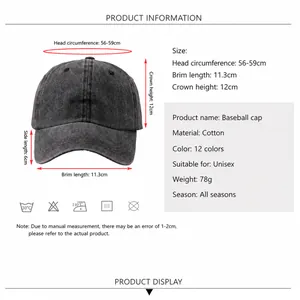 Unisex washed cotton baseball cap in charcoal gray with detailed size and weight specs