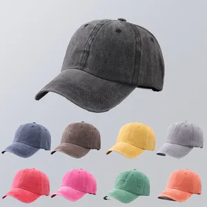 Detailed grid display of washed cotton baseball caps in nine vintage various colors