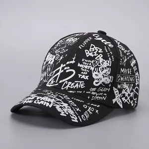 Streetwear black baseball cap with white graffiti slogans and hip hop urban design