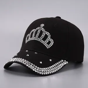 Casquette de Baseball Femme Couronne de Strass Coton Étincelant Chapeau de Soleil Réglable Orné de Cristaux Brillants