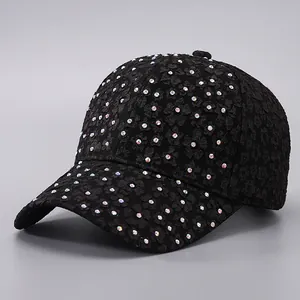 Women Elegant Rhinestone Flower Baseball Cap Lace Embroidery Sun Shade Hat Adjustable Fashion Sparkly Mesh Peaked Cap