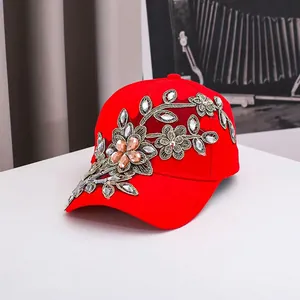 Damen Mode Strass Blumen Stickerei Baseballkappe Luxus Baumwolle Verstellbarer Sonnenhut Bling Kristall Blume Snapback Hut Für Party Outdoor Casual Accessoires