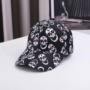 Halloween baseball cap with skull print in black canvas from a 45-degree angle view