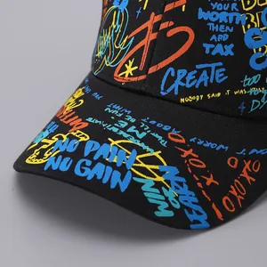 Close-up of street style graffiti print and neat stitching on black cotton baseball cap