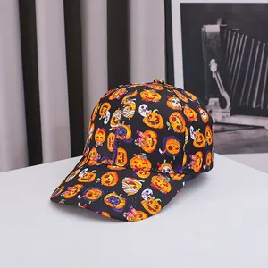 Halloween baseball cap with festive pumpkin and ghost prints on black curved brim hat