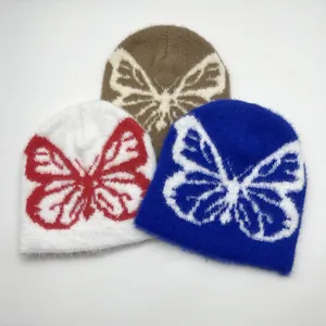 Cappello Beanie da Donna in Pelliccia di Visone Sintetica con Jacquard a Farfalla Caldo Berretto a Maglia per Autunno Inverno