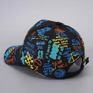 Detailed back view of a black baseball cap with vibrant colorful street graffiti patterns