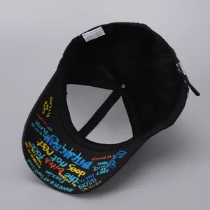 Detail view of cotton baseball cap showing colorful graffiti texts under the brim