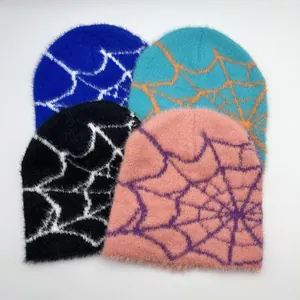 Bonnet Unisexe Motif Toile d'Araignée Fausse Fourrure de Vison Tricot Peluche Y2K Streetwear Hiver Chaud sans Bord Homme Femme