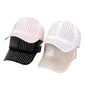 Women's satin baseball caps with vertical rhinestone tassels in pink, black, and white