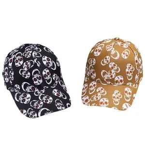 Halloween baseball caps in black and khaki with all-over skull print design