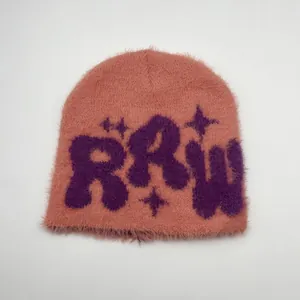 Plush faux mink knitted beanie featuring salmon orange and purple RRW jacquard pattern