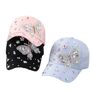 Damen Baseballkappen mit Kristall-Schmetterling und Pailletten in Rosa, Schwarz und Blau
