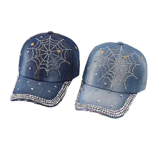 Fashionable denim baseball caps with rhinestone spider web patterns and studded brims