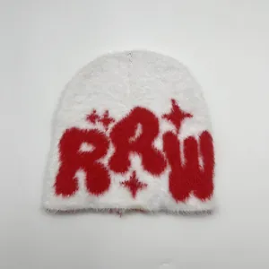 Plush faux mink knitted beanie in white featuring red RRW lettering and star design