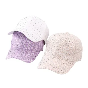 Elegant floral embroidered baseball cap with rhinestones in white, purple and pink