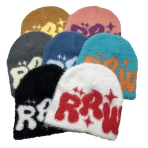 Plush faux mink knit beanie hats featuring RRW jacquard and stars in seven colors