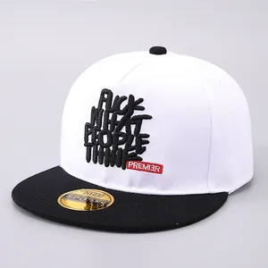 Flat brim snapback hat in white and black with embroidered slogan for streetwear style