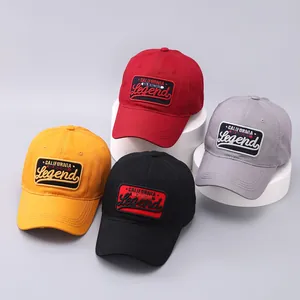 Detail of multi-color cotton baseball caps with 3D LEGEND embroidery and vintage style