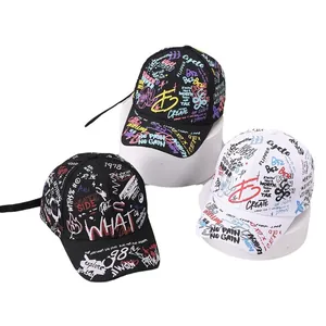 Graffiti baseball caps with long straps in black and white street style cotton design