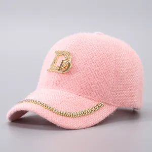 Damen Mode Nerzsamt Baseballkappe Strass Doppel D Buchstaben Schirmmütze Warm Herbst Winter Breite Krempe Hut