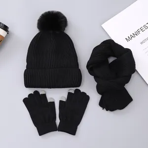 Kids Winter Warm Knitted Hat Scarf And Gloves With Faux Fur Pom Pom Touchscreen Function For Boys Girls Ages 7-14