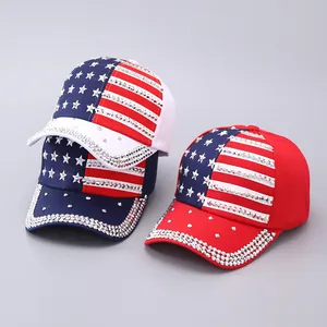Detailed view of glittering USA flag baseball caps with rhinestones in three colorways