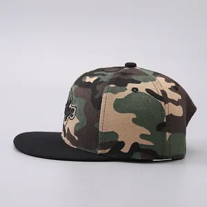 Detail of Brooklyn embroidery on woodland camouflage flat brim hip-hop baseball cap