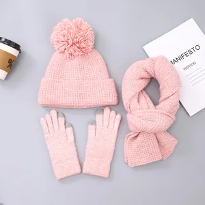 Detailed flat lay of pink knit hat with pompom, scarf, and touchscreen gloves set