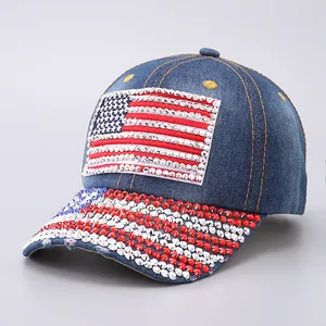 Berretto da Baseball in Denim da Donna Bandiera USA Lettere con Strass Giorno dell'Indipendenza Cappellino con Visiera Regolabile Cotone Lavato