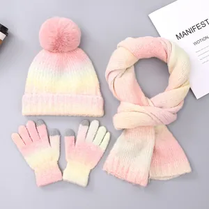 Women Winter Knitted Hat Scarf And Gloves Set Tie Dye Gradient Warm Beanie With Pom Pom Touchscreen Gloves Accessory Set