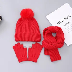 Close-up of red knit set with pom-pom beanie, thick scarf and touchscreen gloves