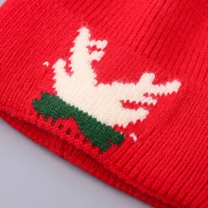 Detail van rode gebreide muts met eland jacquardpatroon voor winterse warmte en comfort
