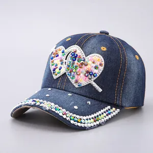 Women Fashion Denim Baseball Cap Sparkly Rhinestone Pearl Heart Butterfly LOVE Pattern Adjustable Cotton Washed Sun Hat Streetwear