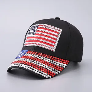 Black baseball cap with American flag USA pattern in shiny red white and blue rhinestones