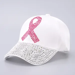 White baseball cap with pink rhinestone ribbon and sparkling diamond brim for women