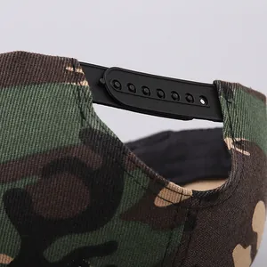Detail of adjustable snapback closure on camouflage baseball cap with plastic strap