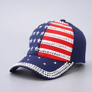 Detailed side view of USA flag baseball cap with rhinestones and silver star metal studs
