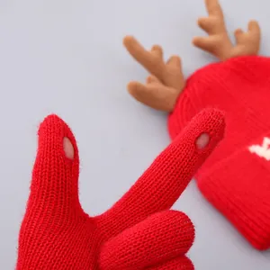 Detail van rode gebreide handschoenen met vingeropeningen en rendierhoornmuts voor Kerst