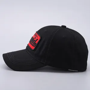 Close-up of California State Legend 3D embroidery on black cotton baseball cap